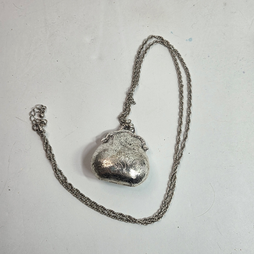 victorian Style silver tone purse locket Long pendant necklace textured
